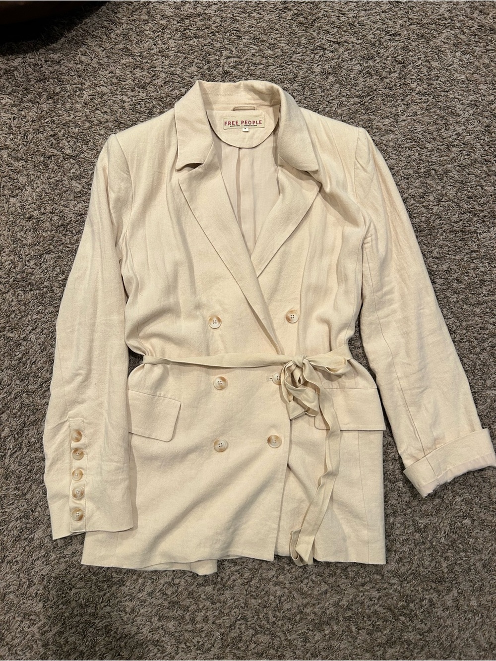 Free People Cream Double-Breasted Linen-Blend Blazer with Self-Tie